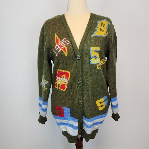 Fashion Nova Varsity Cardigan Sweater Womens XS Green Button Up Academia Preppy - Picture 1 of 15